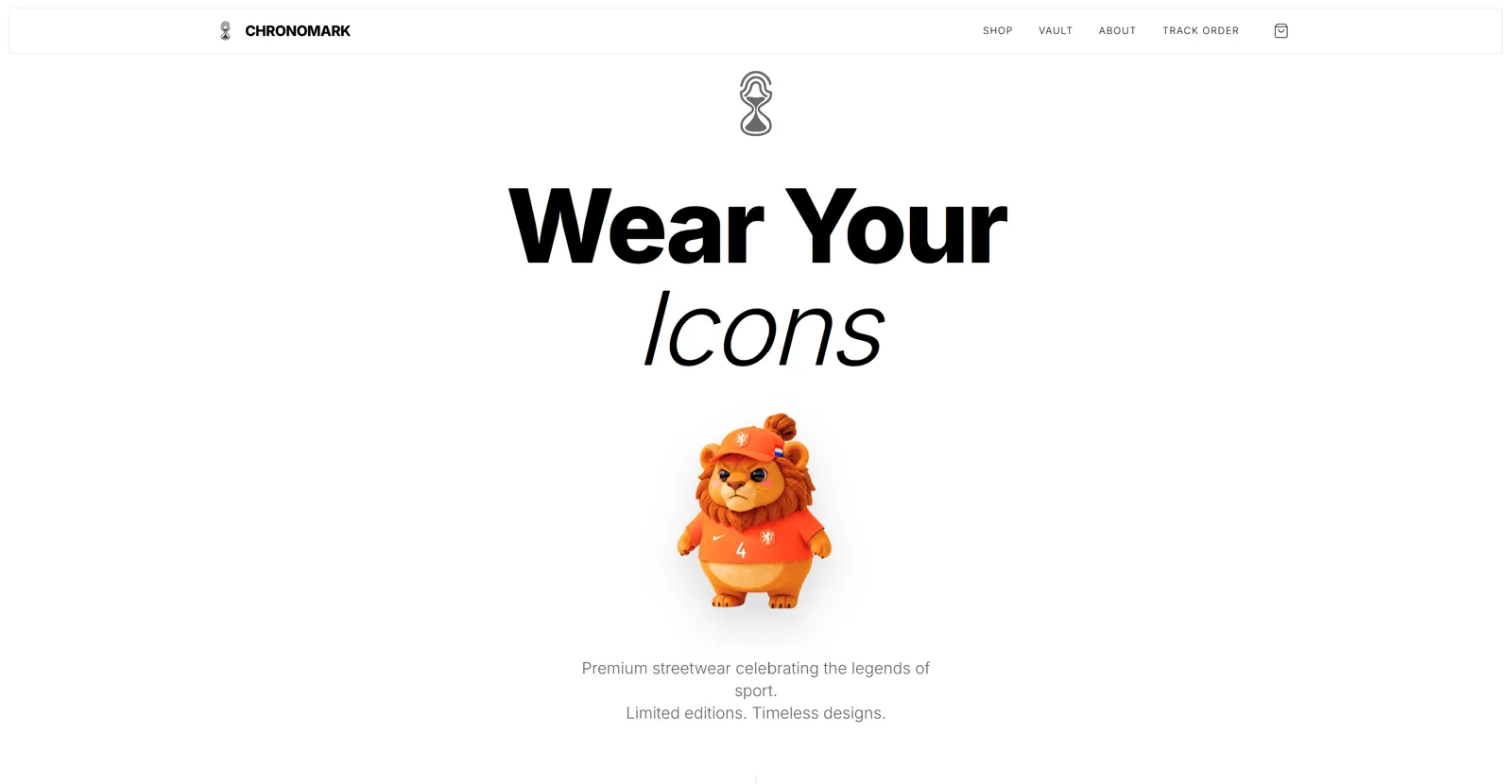 Toko Chronomark setelah dibangun ulang — logo jam pasir, judul 'Wear Your Icons', dan satu figur koleksi di ruang putih yang lapang.