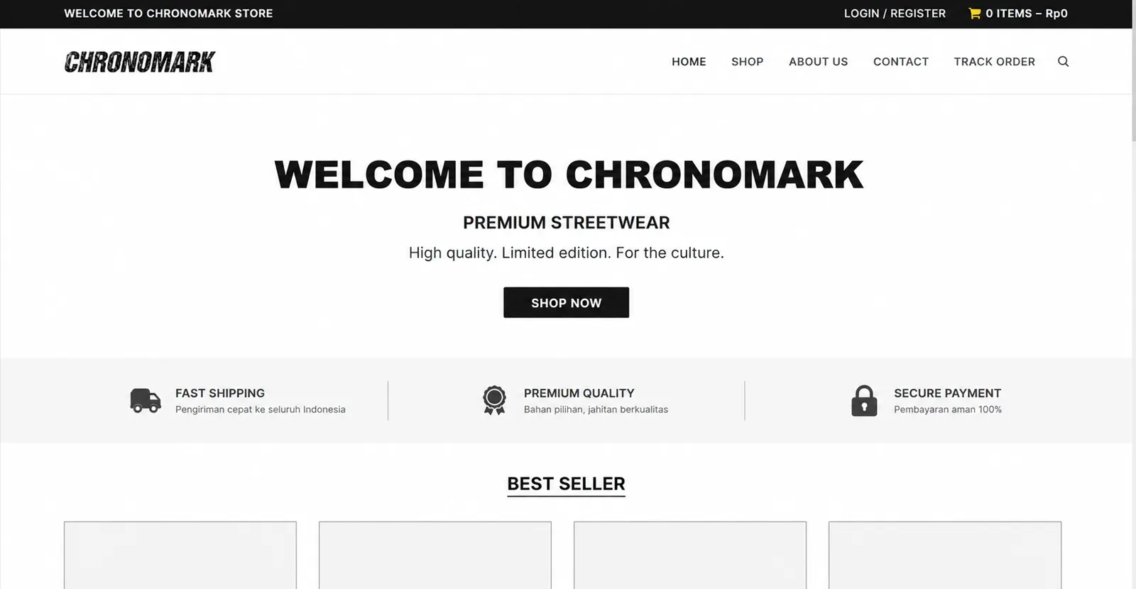Toko Chronomark dengan tema e-commerce siap pakai — teks banner berukuran besar, lencana pengiriman dan pembayaran yang generik, serta deretan kotak produk yang masih kosong.