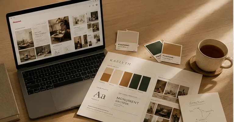 Moodboard, kartu Pantone, dan lembar arah warna tertata di samping laptop.